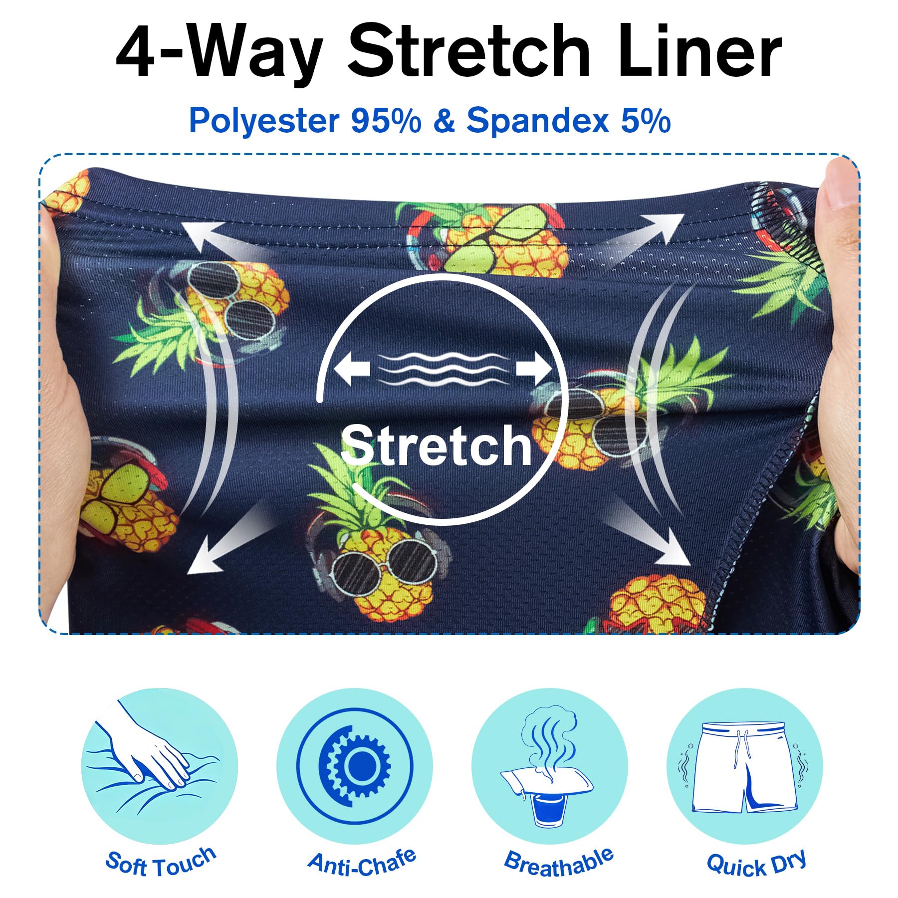Men's swim trunks showing stretch fabric liner and performance features