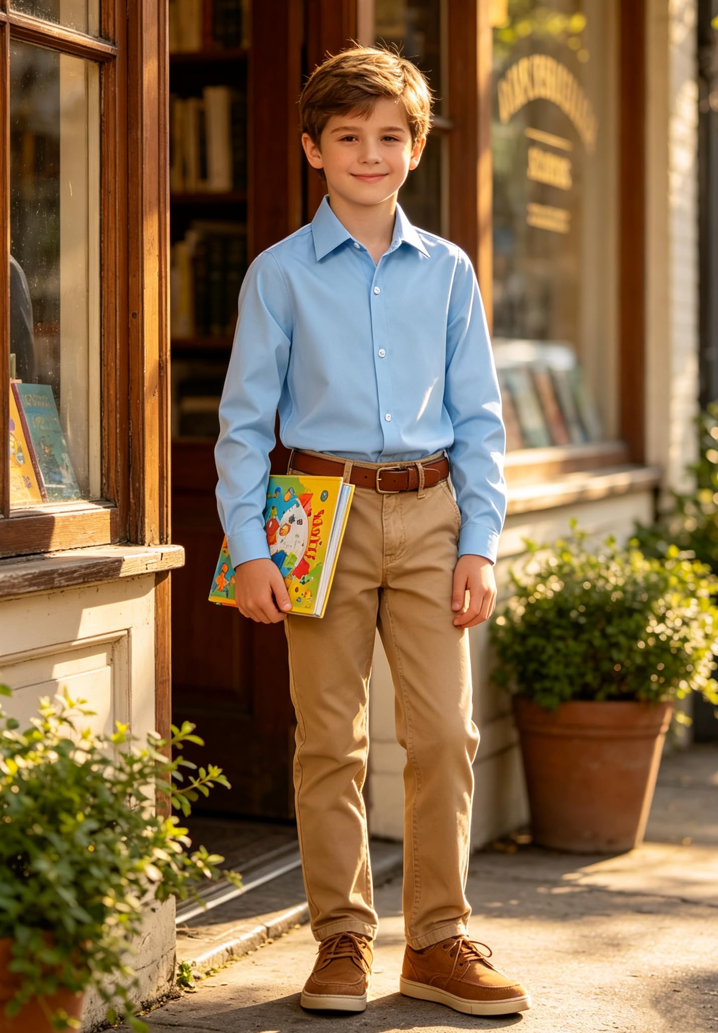 Boy wearing a blue button down shirt for an everyday smart casual outfit, suitable for school, family gatherings and outdoor activities.