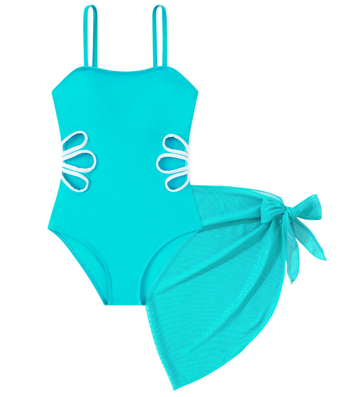 aqua girls one piece swimsuit with matching wrap skirt
