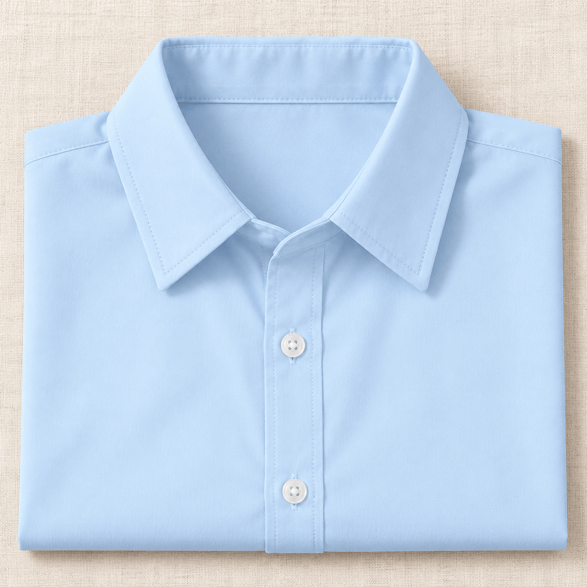Close-up of the baby blue boys shirt showing the pointed collar, front button placket and smooth fabric construction.
