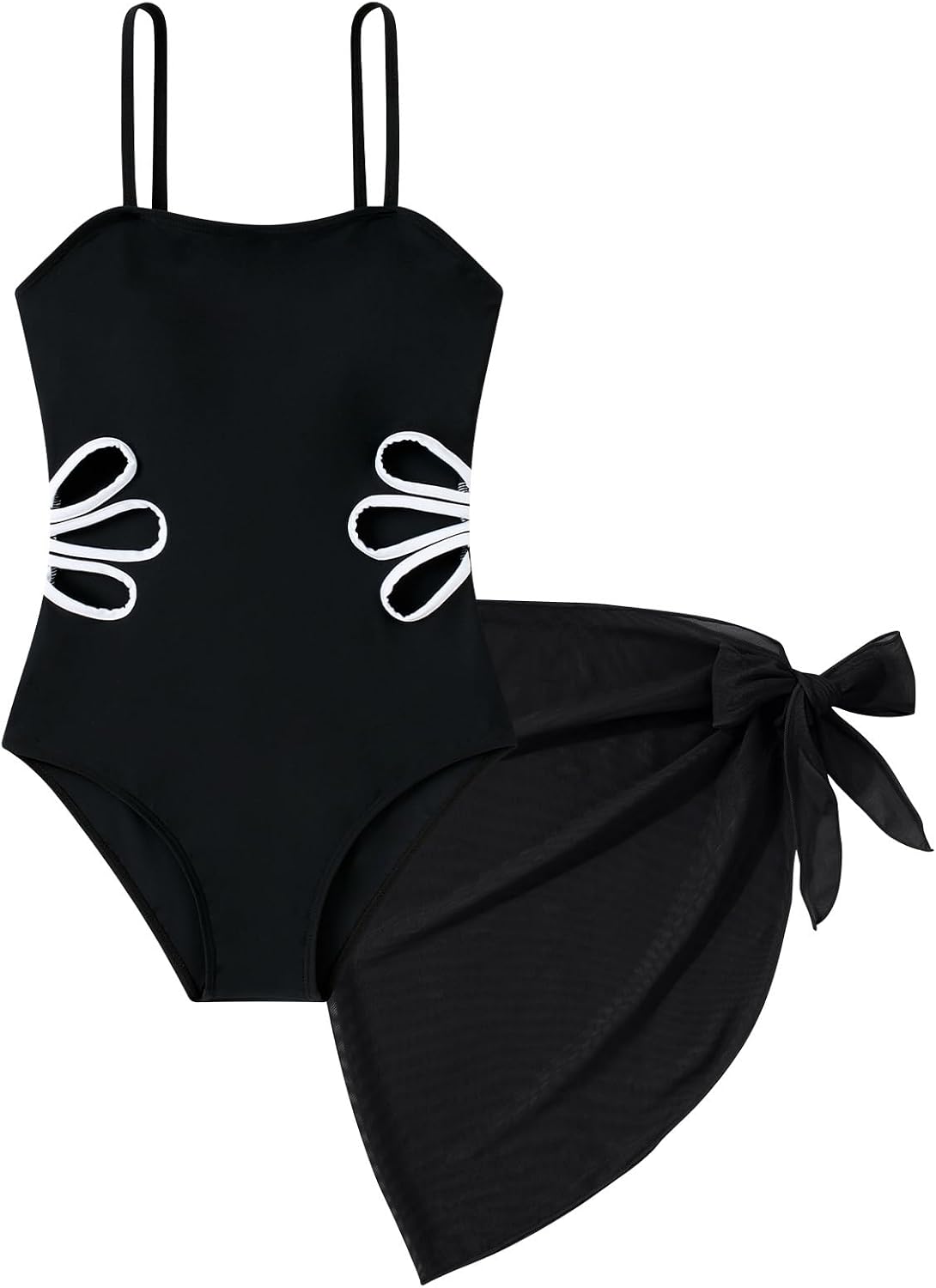 black girls one piece swimsuit with matching wrap cover-up skirt for beach vacations