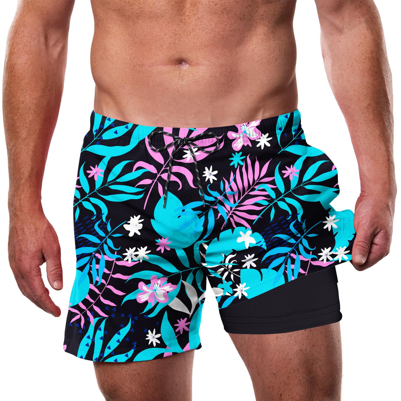 Men's black printed swim shorts with comfortable stretch fabric