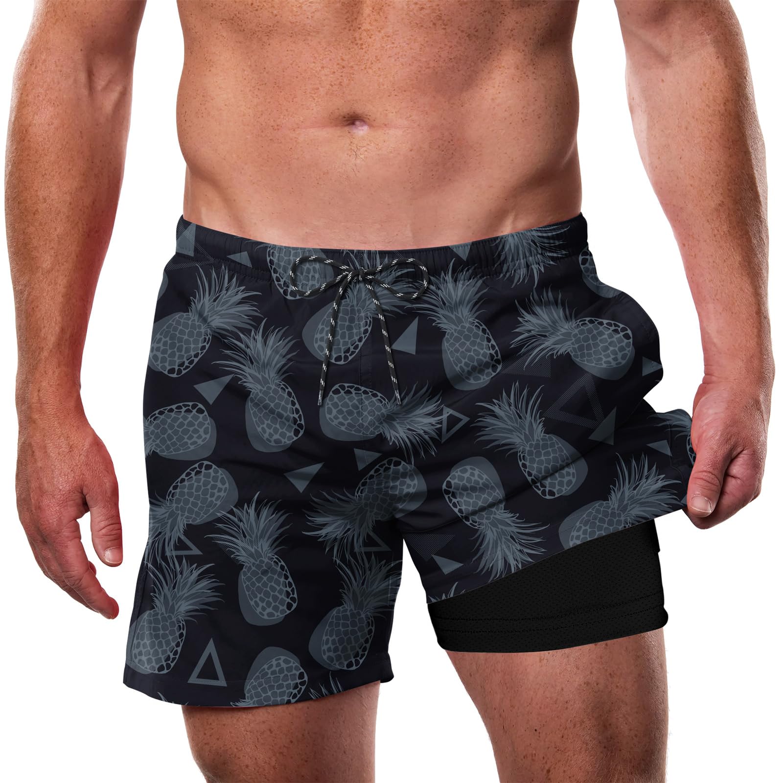 Men's black pineapple print swim trunks with tropical style