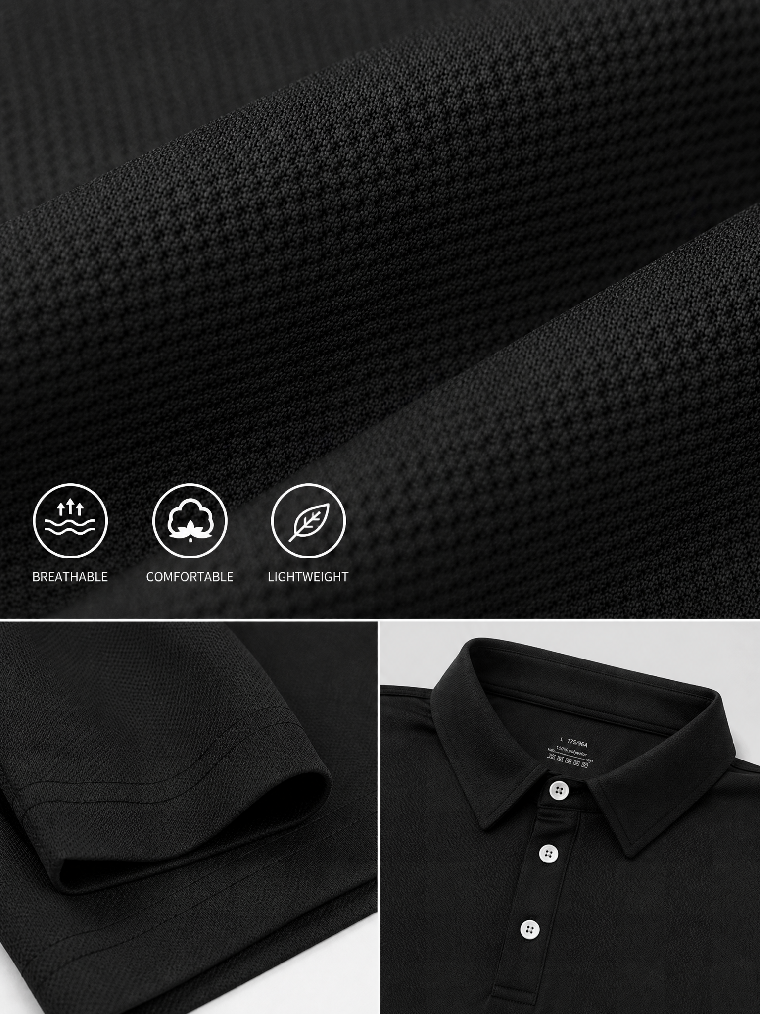 Close up of black polo shirt fabric showing stretch material, smooth texture and performance design for comfortable movement.