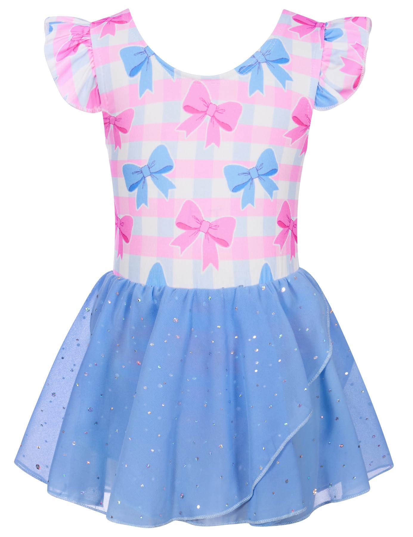 Girls blue bow sequin ballet dance dress with flutter sleeves and layered skirt, comfortable kids dancewear for ballet classes and performances.