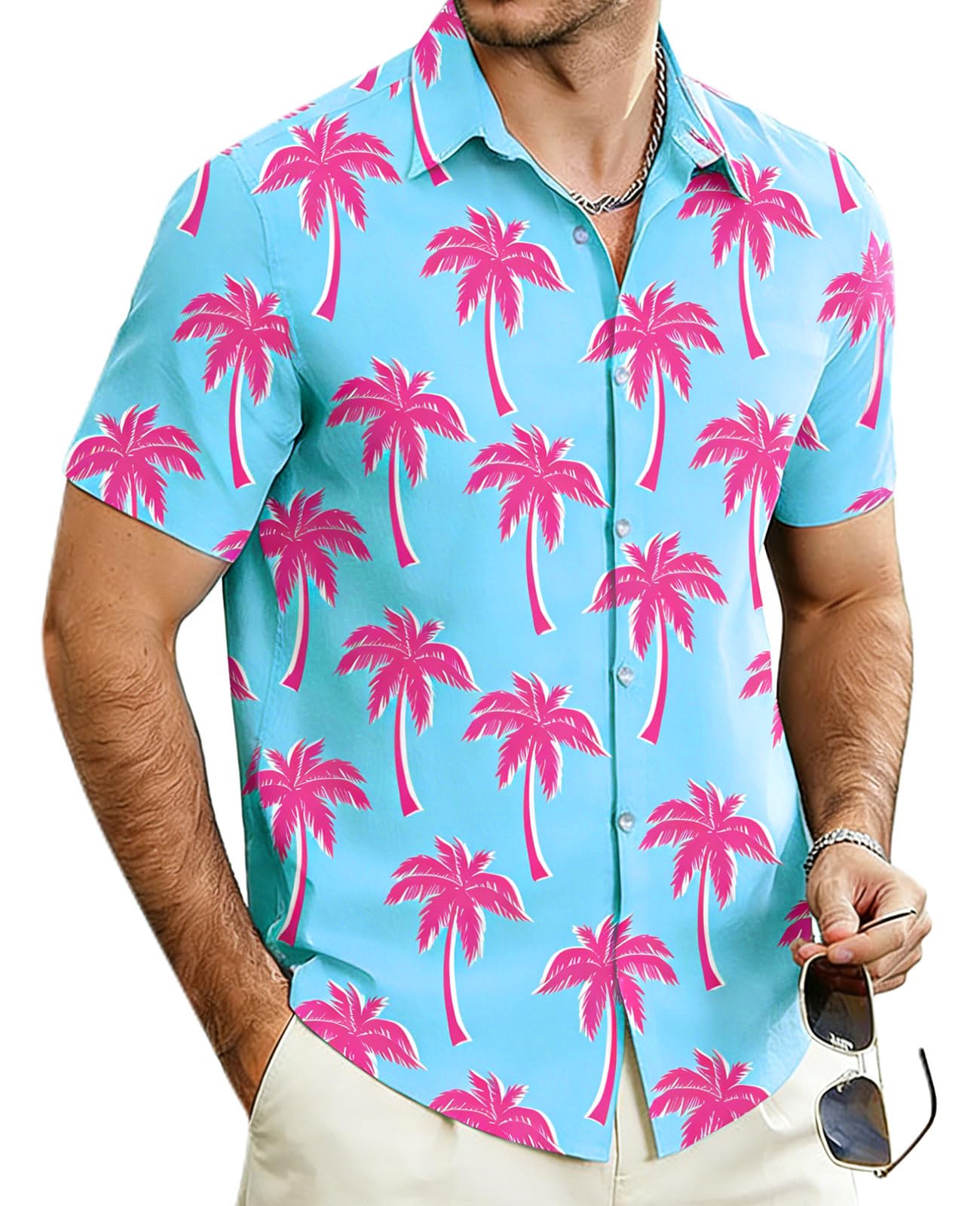 Men's blue Hawaiian shirt with palm tree print for beach and travel outfits.