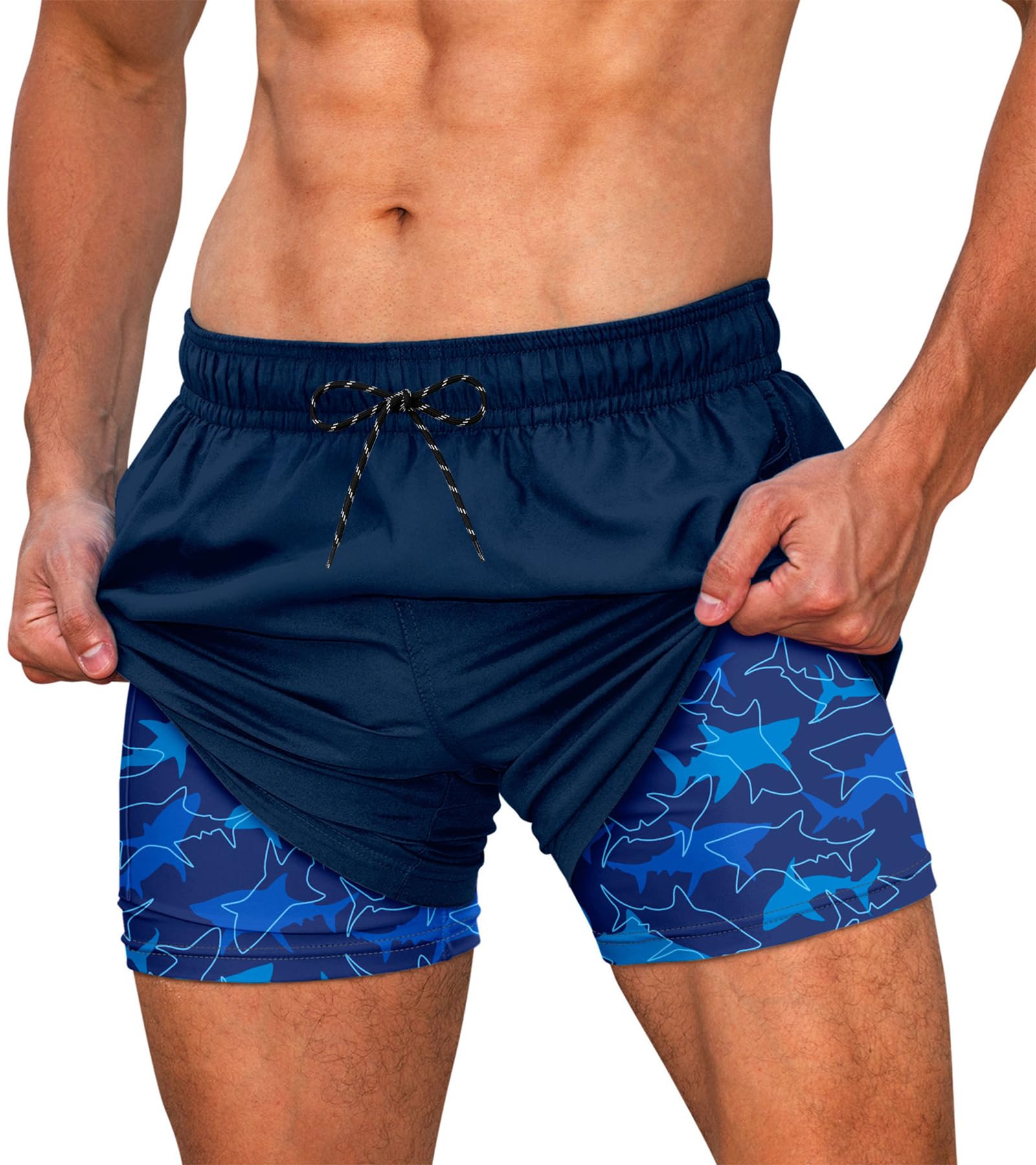 Men's blue shark swim trunks with ocean inspired design