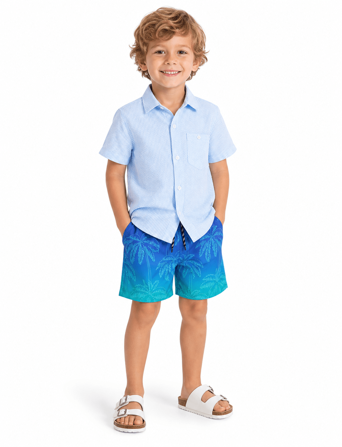 Young boy wearing matching swim shorts designed for father son beach outfits, comfortable kids swimwear for summer activities.