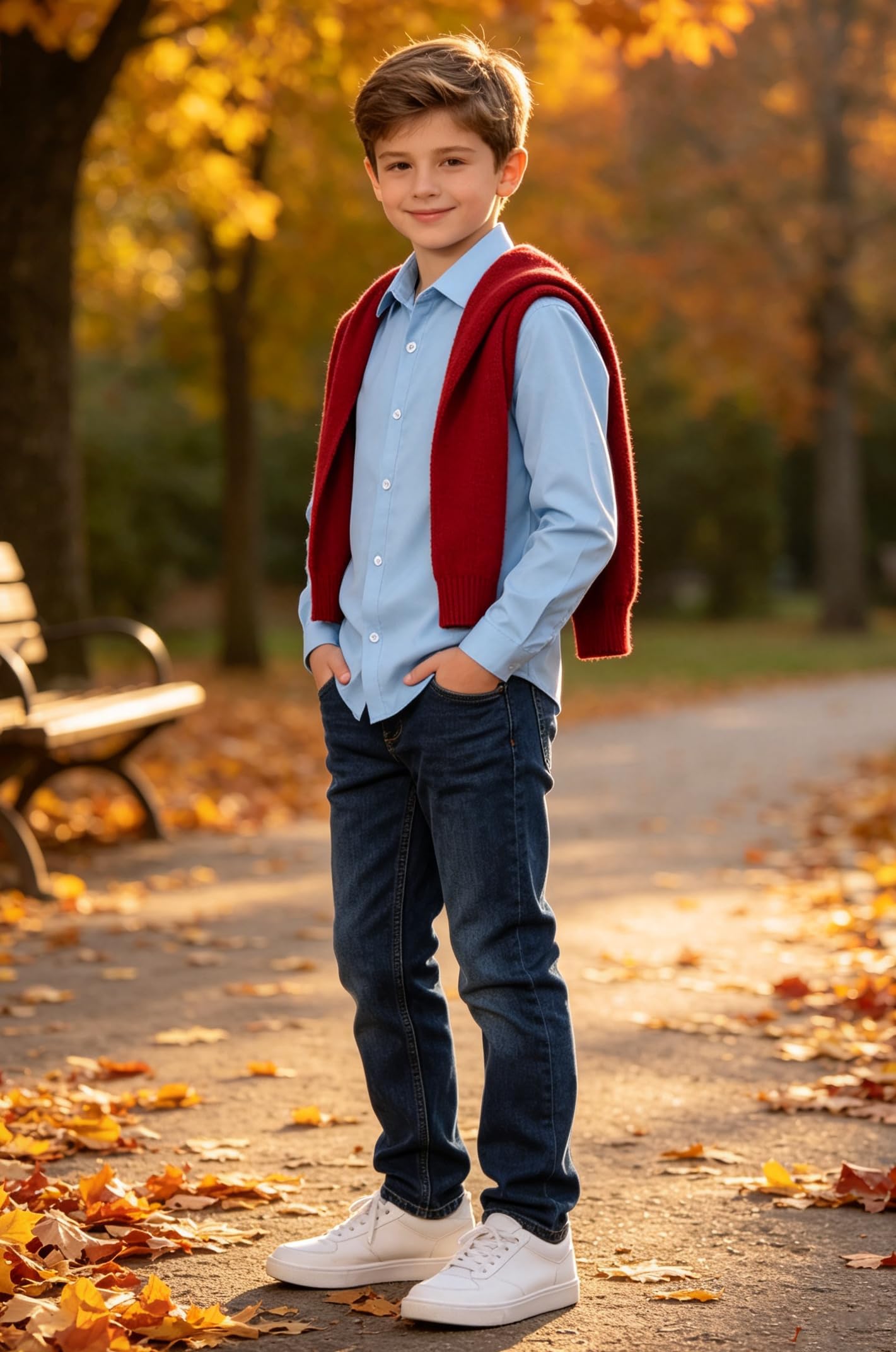 Boy wearing a classic button down shirt with a smart casual outfit, perfect for school events, family photos and special occasions.