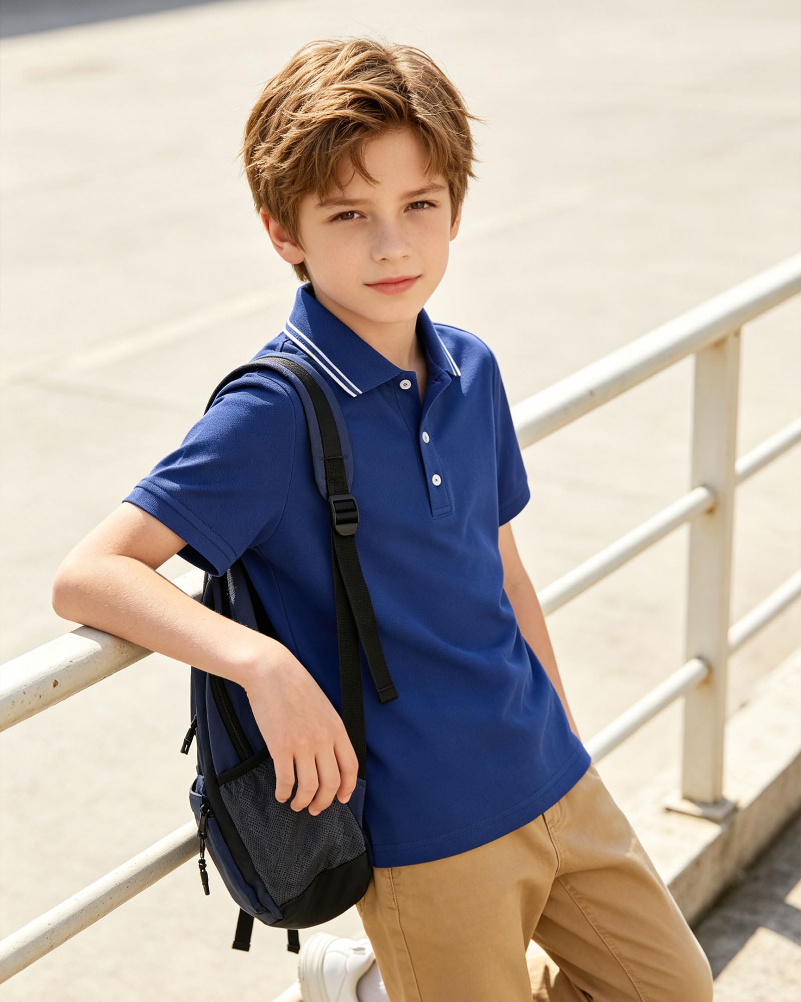 Junge trägt dunkelblaues Poloshirt im bequemen Schul-Casual-Stil