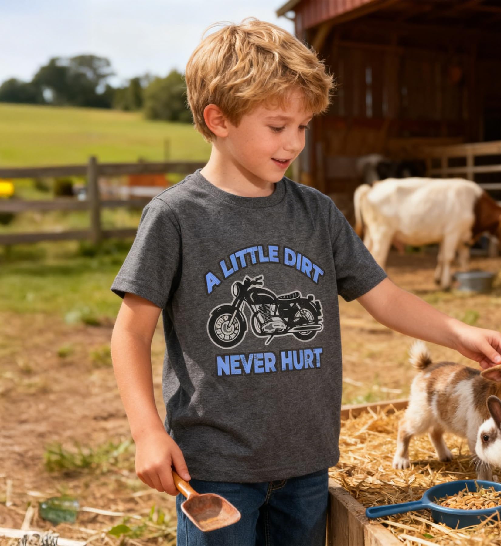 Young boy wearing a gray construction vehicle print T shirt during outdoor activities, comfortable boys summer clothing