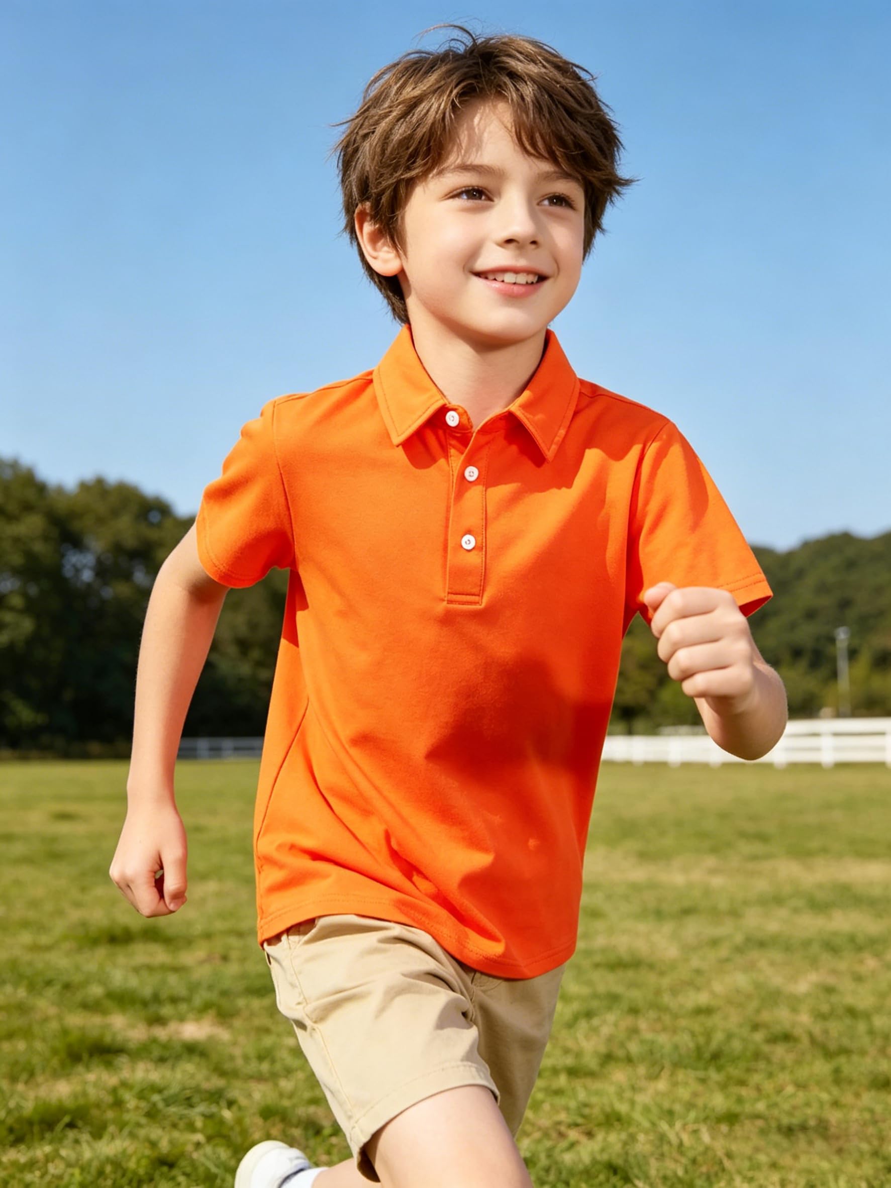 Boy wearing orange polo shirt during outdoor activities, showing comfortable fit and casual kids summer style.