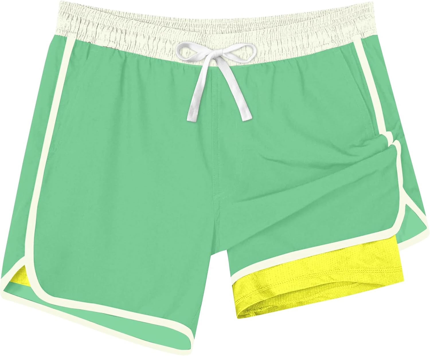 Green boys 2-in-1 swim trunks with color block design, quick-dry fabric and built-in inner shorts.