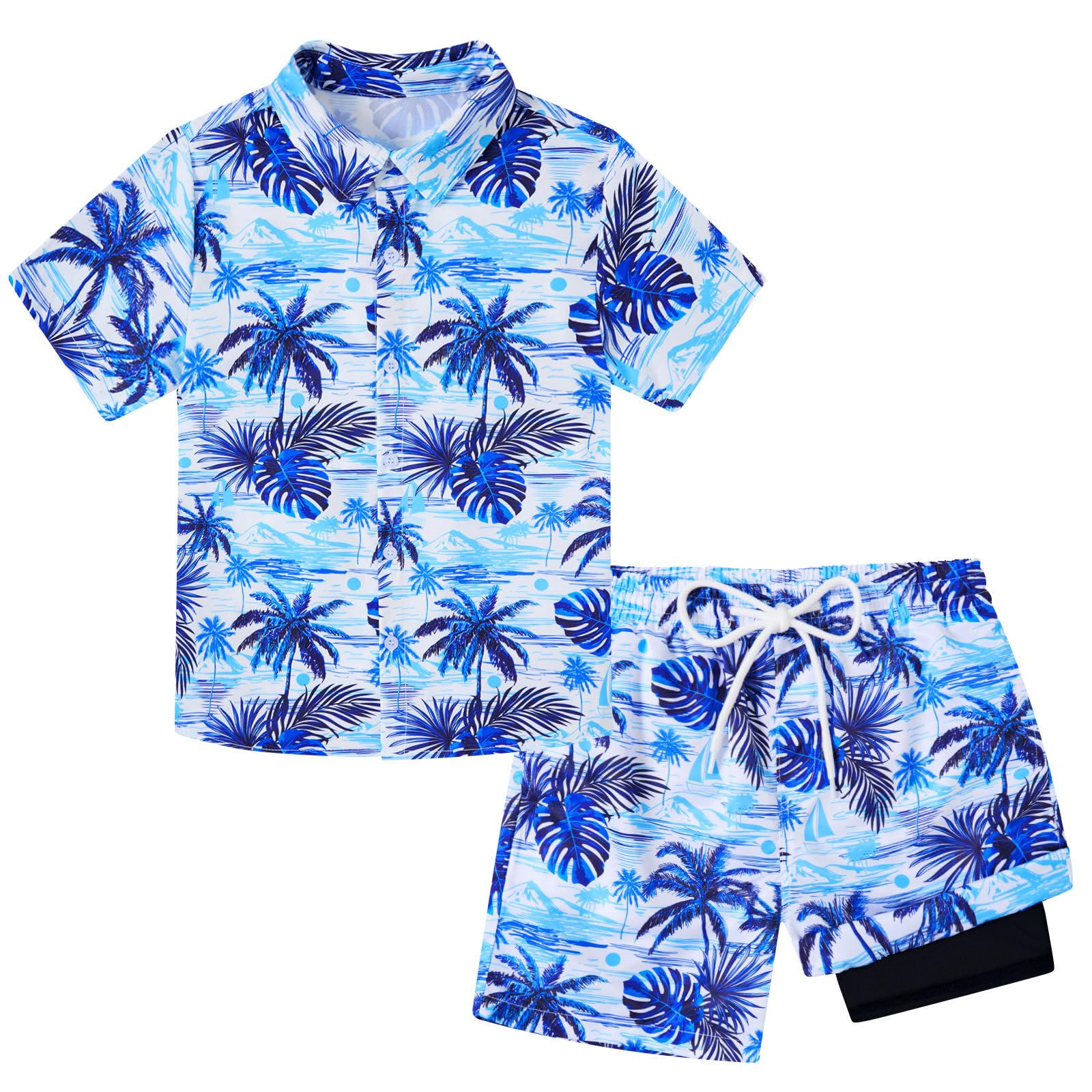 Boys Azure Leaf tropical shirt and swim shorts set with leaf print design, comfortable kids resort wear for summer.