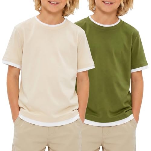 Boys beige and green color block T shirt set with two short sleeve tops, soft cotton blend clothing for everyday wear.