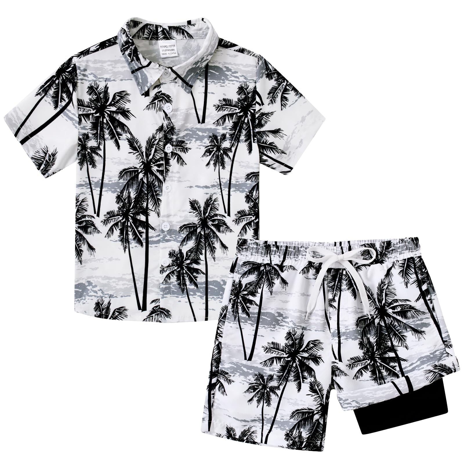 Boys Black Palm tropical shirt and matching swim shorts featuring palm print design, perfect for beach vacations and pool days.