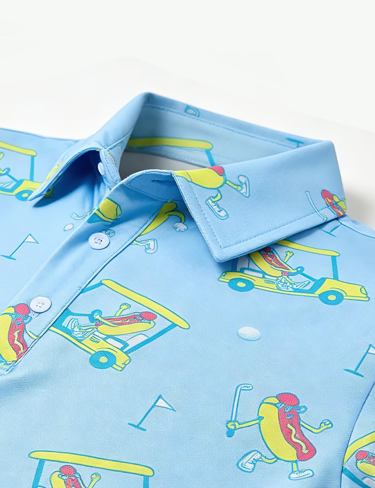 Close-up of boys blue printed polo shirt showing the classic collar, neckline construction and colorful all-over print.