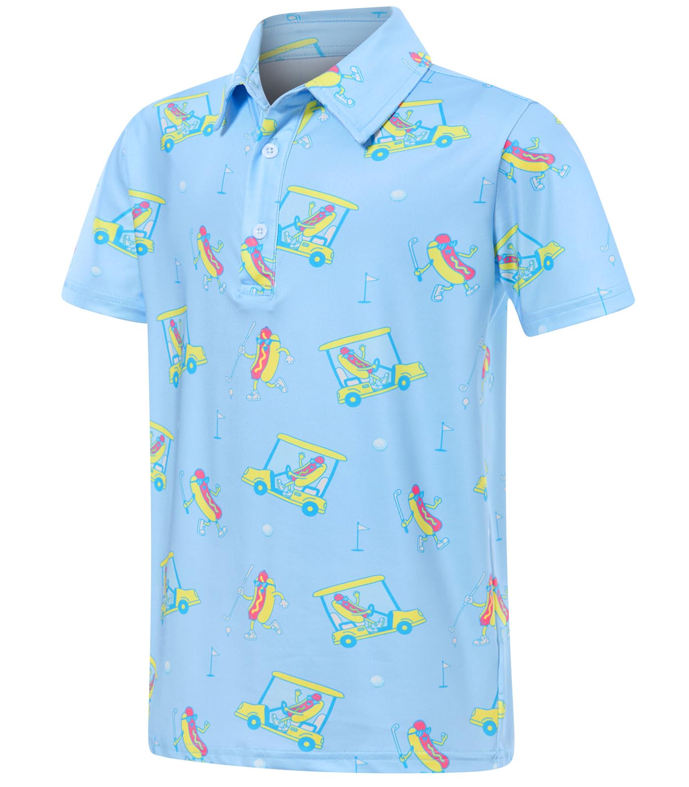 Boys blue printed polo shirt with colorful all-over graphics, short sleeves and a classic collar for casual everyday wear.