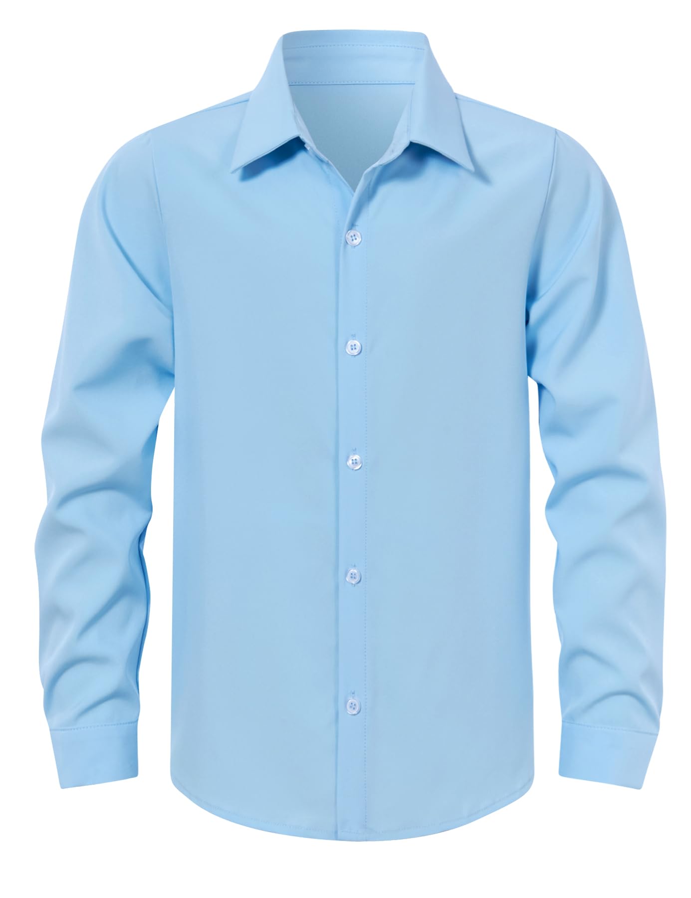 Boys blue long sleeve button down shirt with classic collar and wrinkle resistant fabric, perfect for school, formal events and everyday wear.