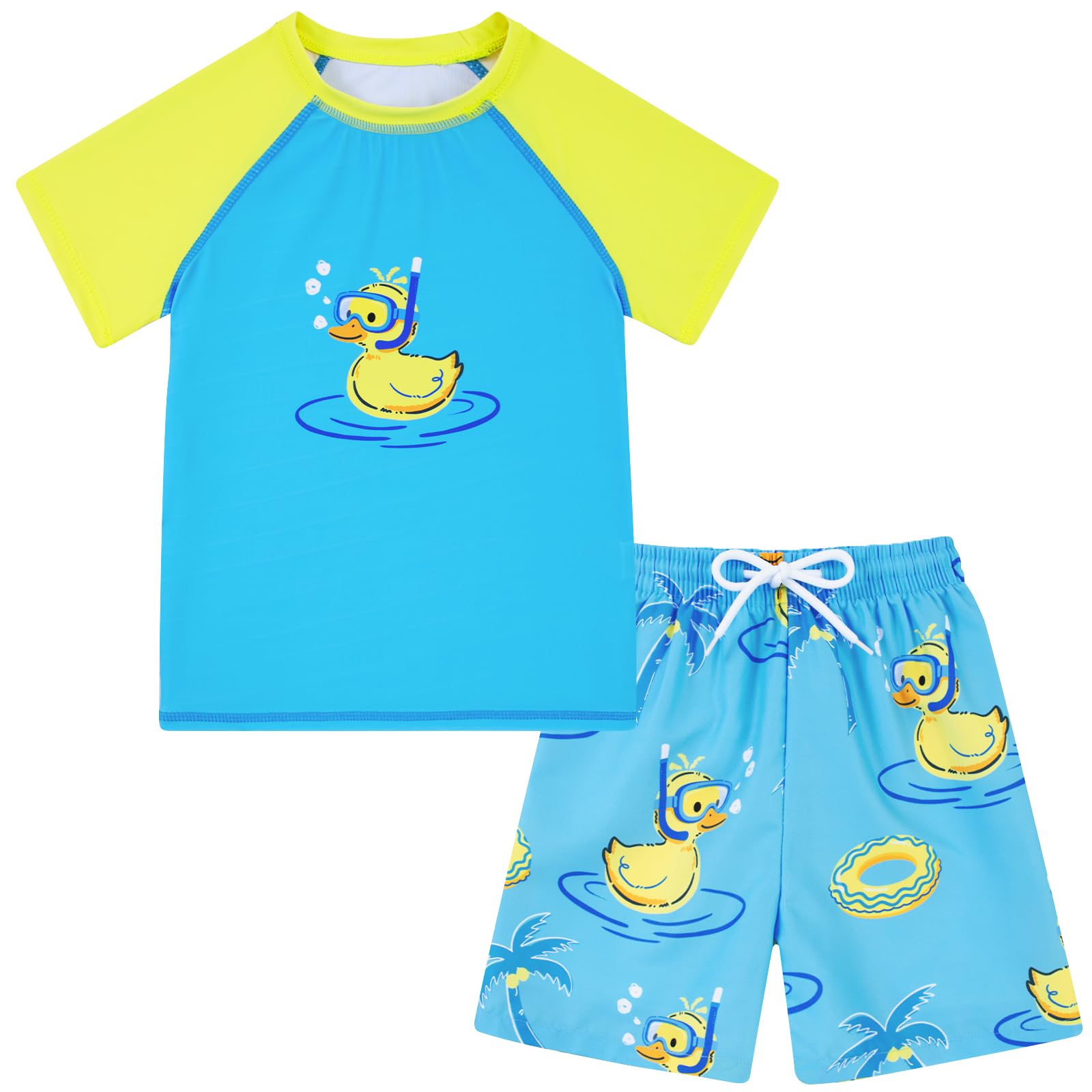 Boys blue duck printed swim set with short sleeve top and swim shorts, cute summer beach outfit for kids.