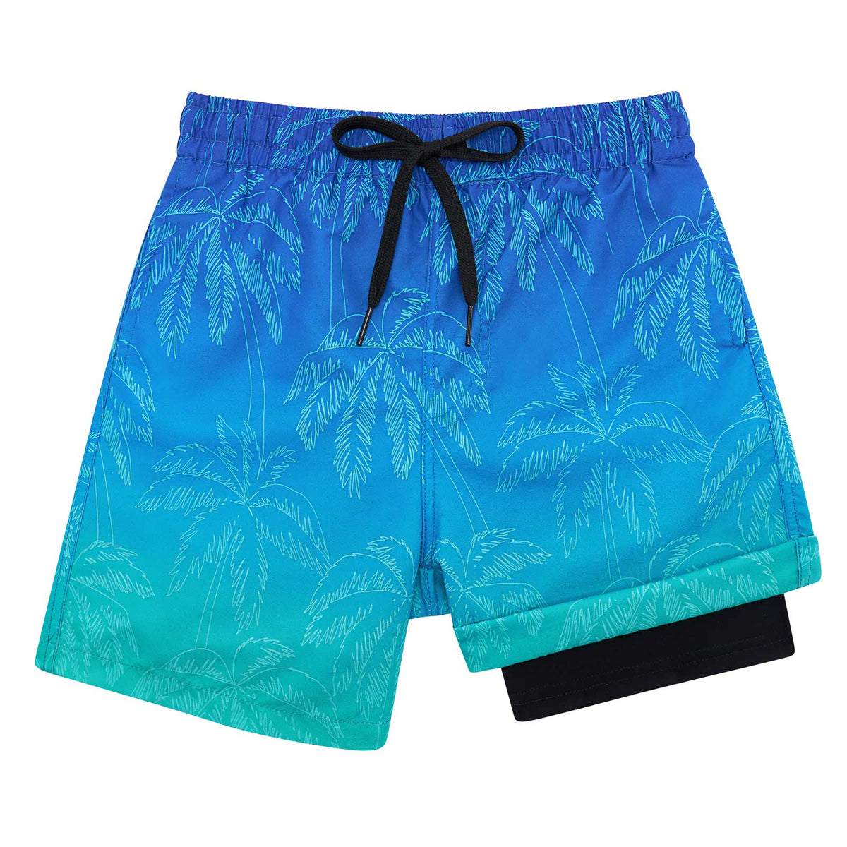 Boys blue gradient swim trunks with tonal palm tree print, black compression liner and adjustable drawstring waist for beach and pool wear.