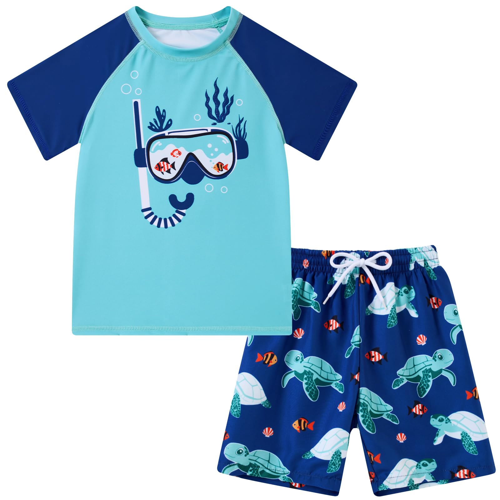 Boys blue turtle printed swim set with short sleeve top and swim shorts, ocean themed beachwear for kids.