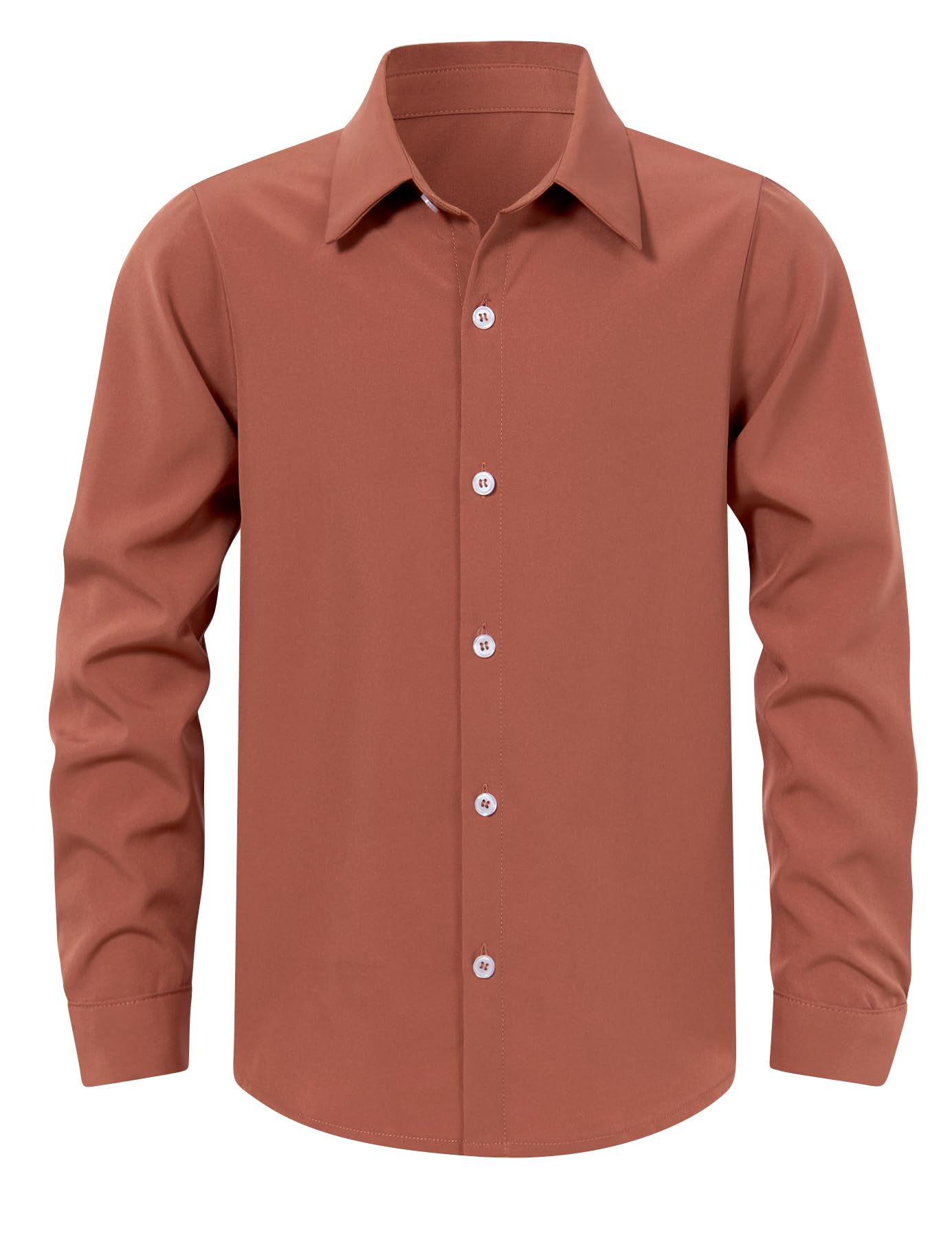 Boys brown long sleeve button shirt with classic collar design, suitable for casual wear and special events.