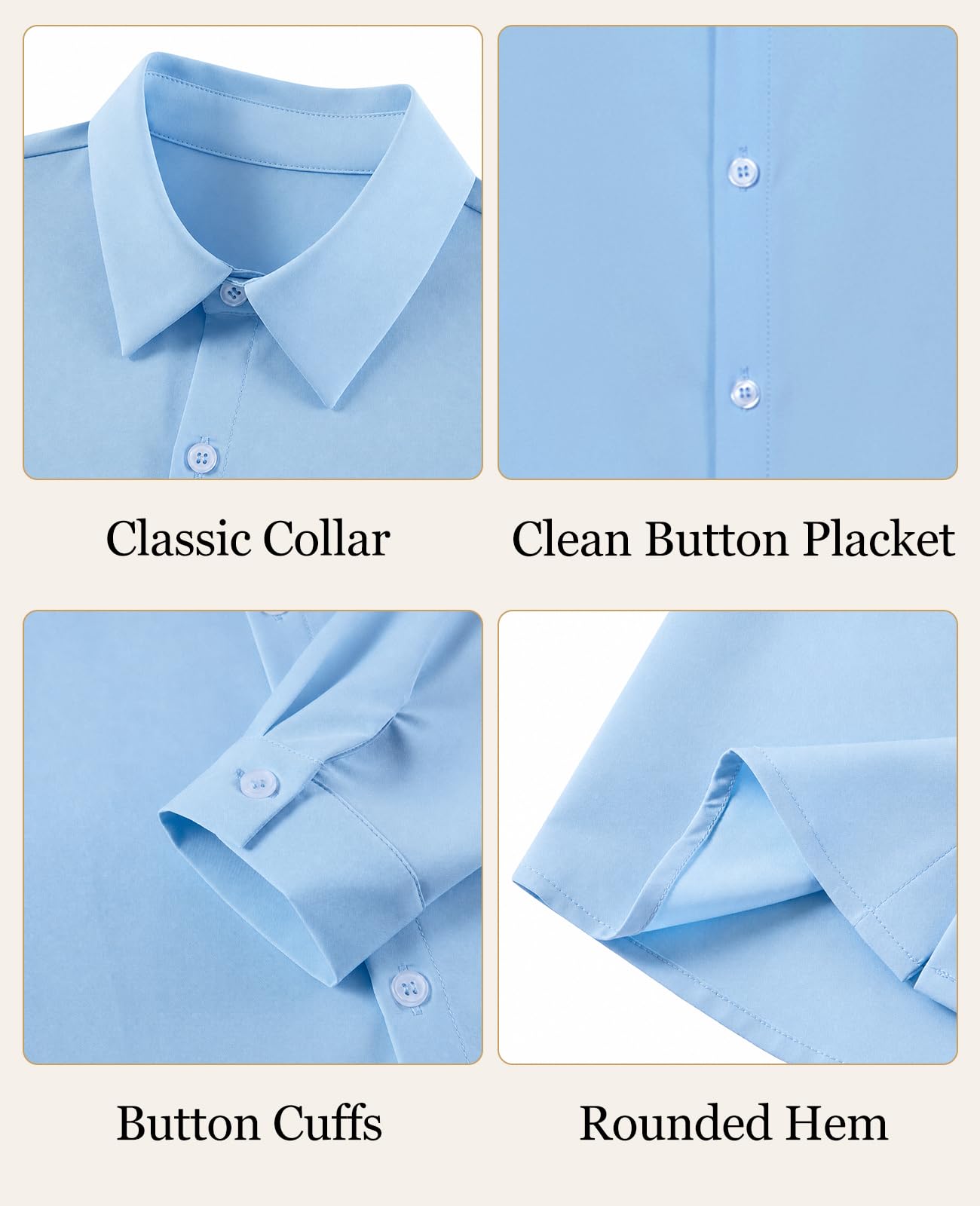 Close up details of boys button down shirt showing classic collar, button front closure, adjustable cuffs and lightweight fabric design.