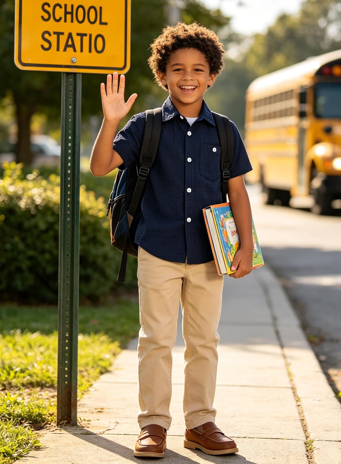 Boy wearing a navy striped polo shirt at a bus stop, perfect for school, travel and casual outings.