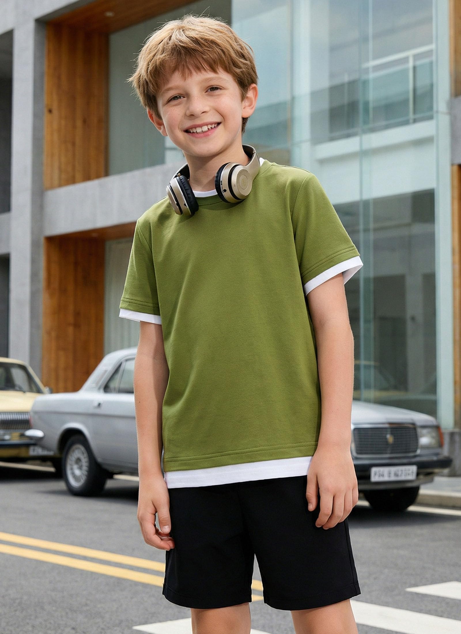 Boy wearing a soft cotton blend T shirt with color block design, comfortable kids top for casual summer outfits.