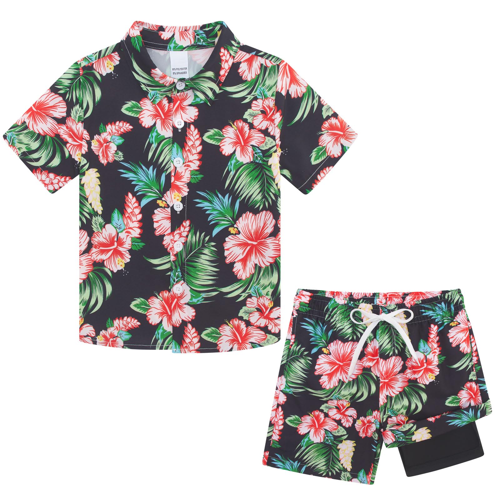 Boys Crimson Hibiscus Hawaiian shirt and swim shorts set with floral tropical print, stylish summer clothing for kids.