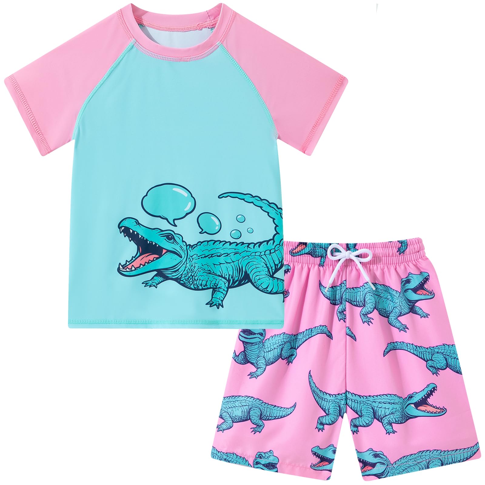 Boys crocodile print swim set with short sleeve swim top and matching shorts, fun animal pattern beachwear.