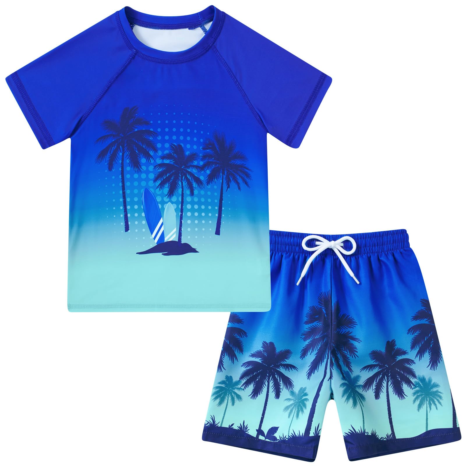 Boys deep blue Hawaii inspired swim set with printed swim shorts, stylish beachwear for kids vacations.