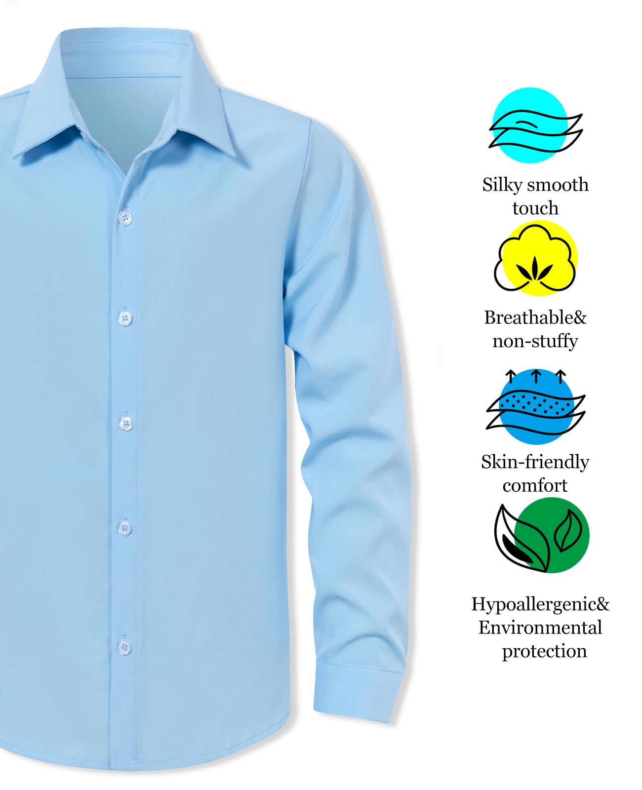 Boys long sleeve dress shirt featuring wrinkle resistant stretch fabric, lightweight breathable material and comfortable fit for daily wear.