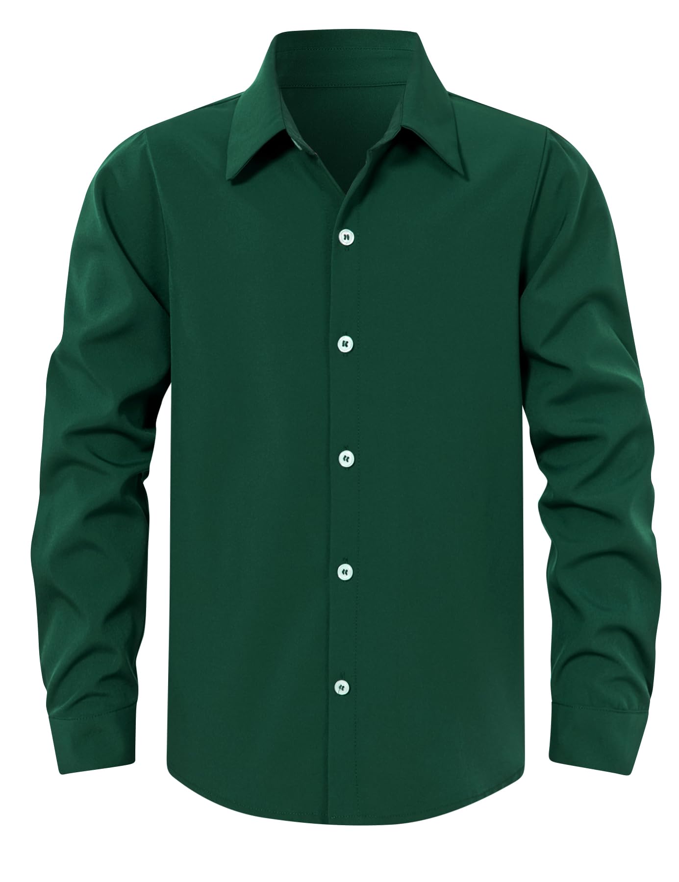 Boys forest green long sleeve dress shirt with wrinkle resistant fabric, perfect for smart casual and holiday outfits.