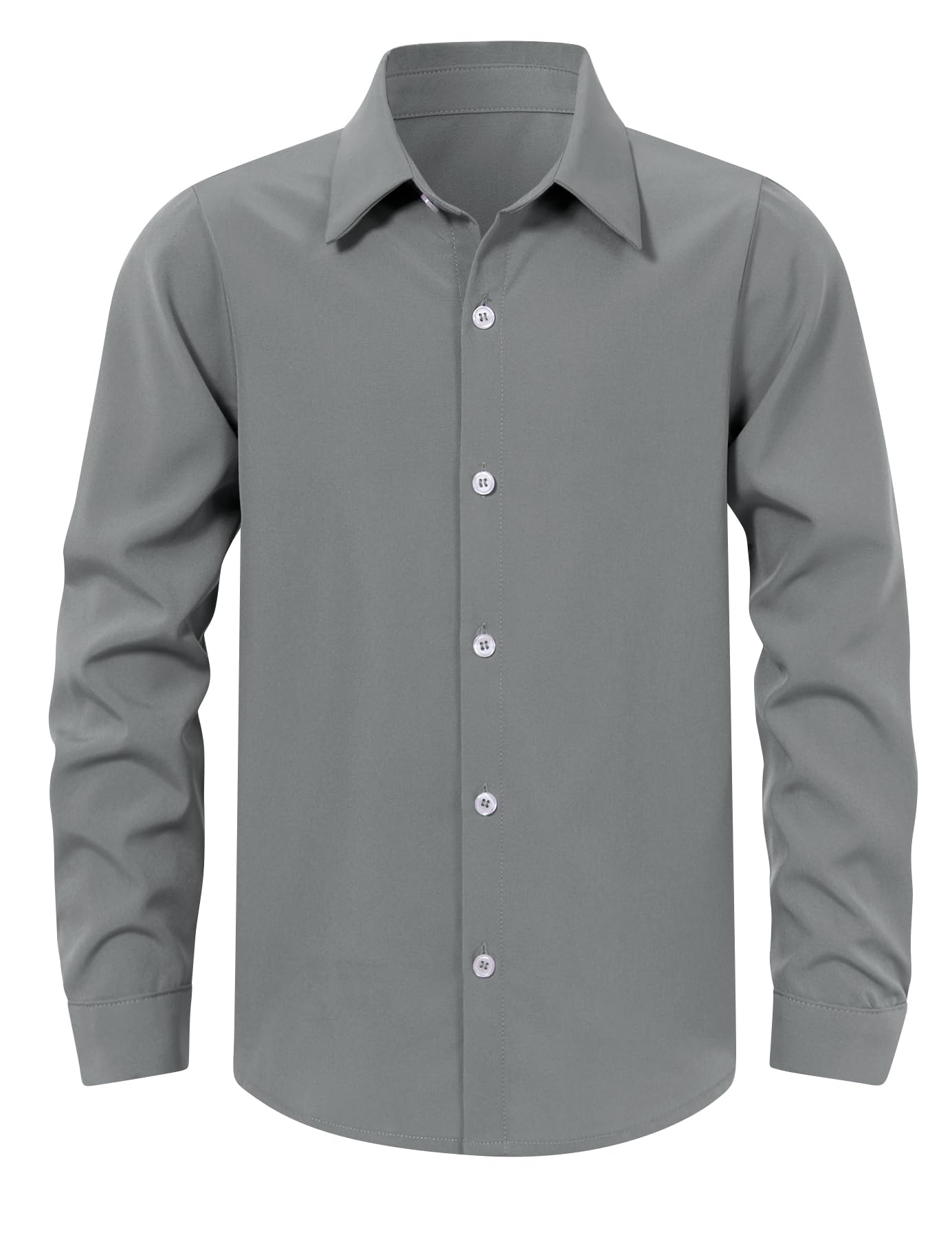 Boys gray button down shirt with long sleeves and comfortable stretch material for school and formal occasions.