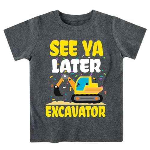 Boys gray excavator graphic T shirt featuring construction vehicle print, comfortable short sleeve top for kids.