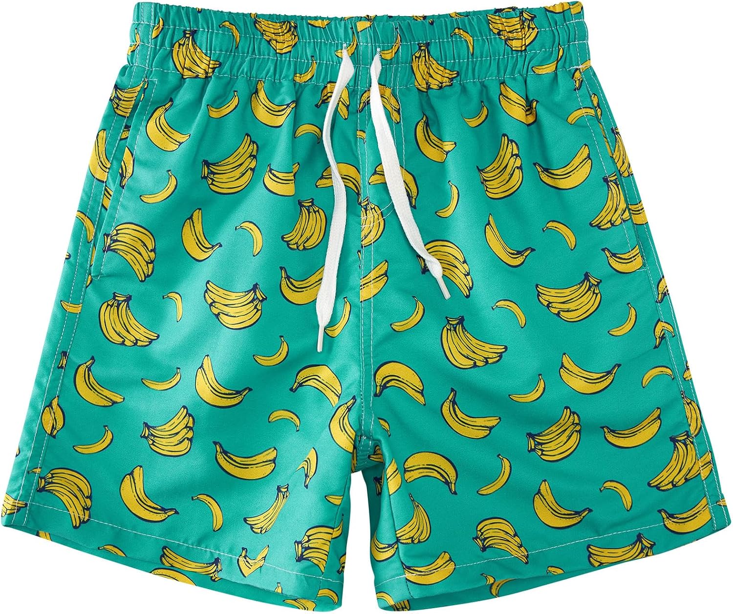 boys green banana print swim trunks with quick dry fabric and adjustable drawstring waist