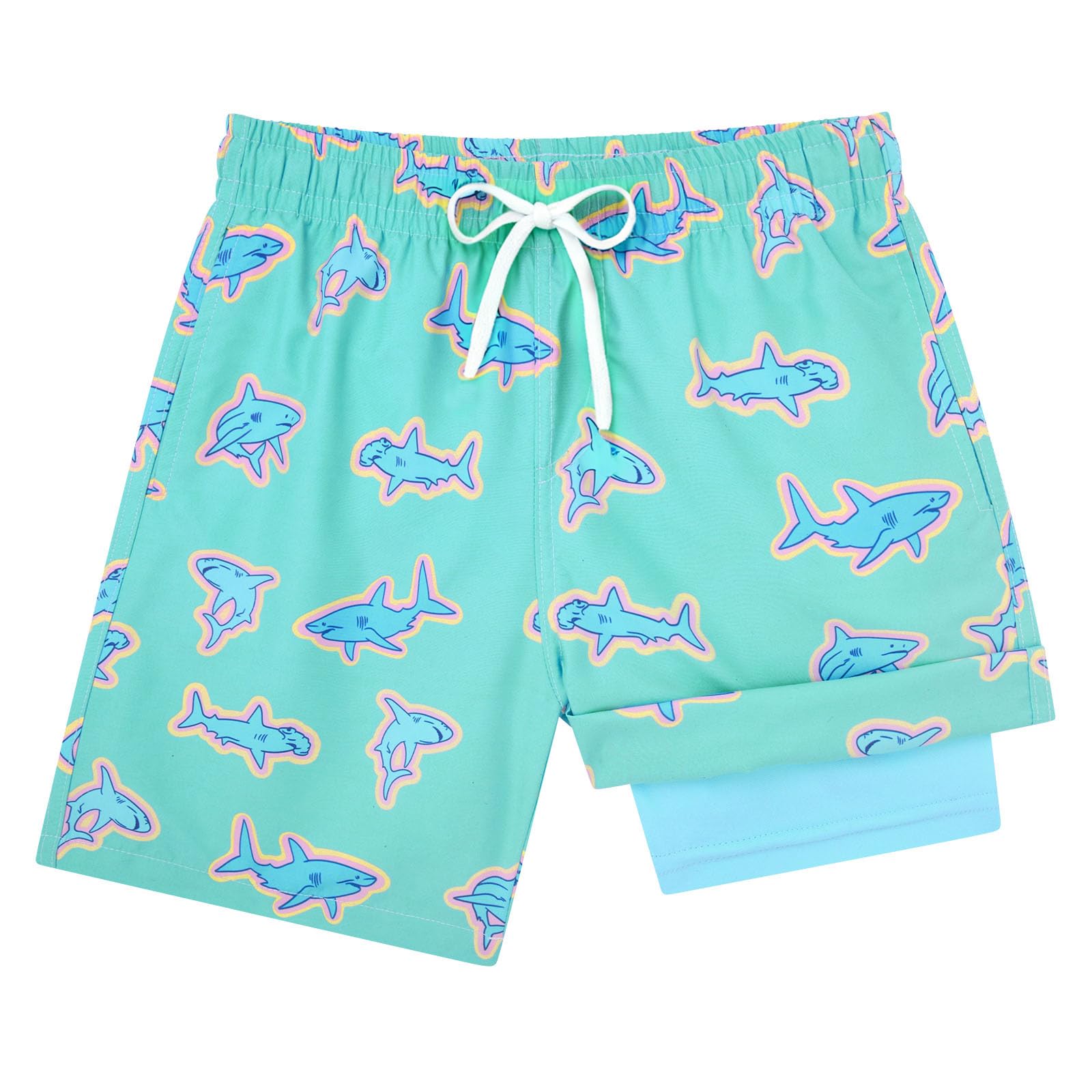 Boys green shark swim shorts with ocean inspired print, perfect for swimming, surfing and beach play.