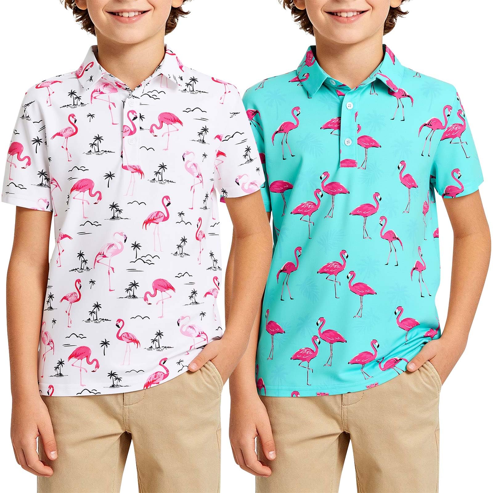 Boys green white flamingo polo shirt with tropical print design, breathable kids top for vacations and daily wear.