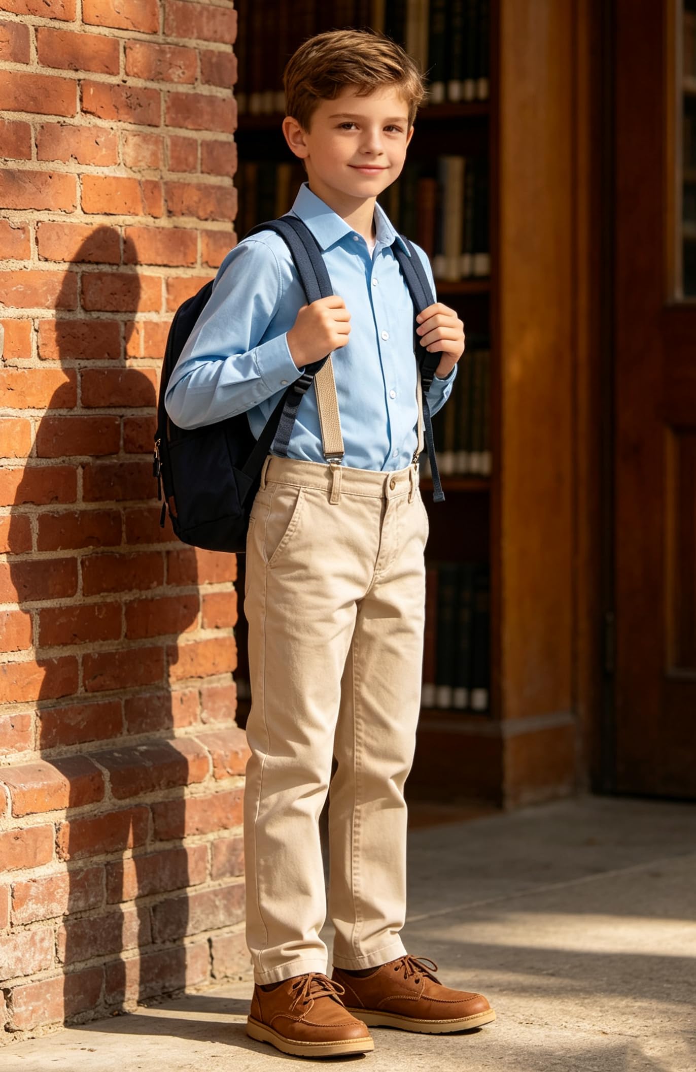 Boy wearing a long sleeve dress shirt with a polished casual look, comfortable boys formal wear for holidays and everyday occasions.