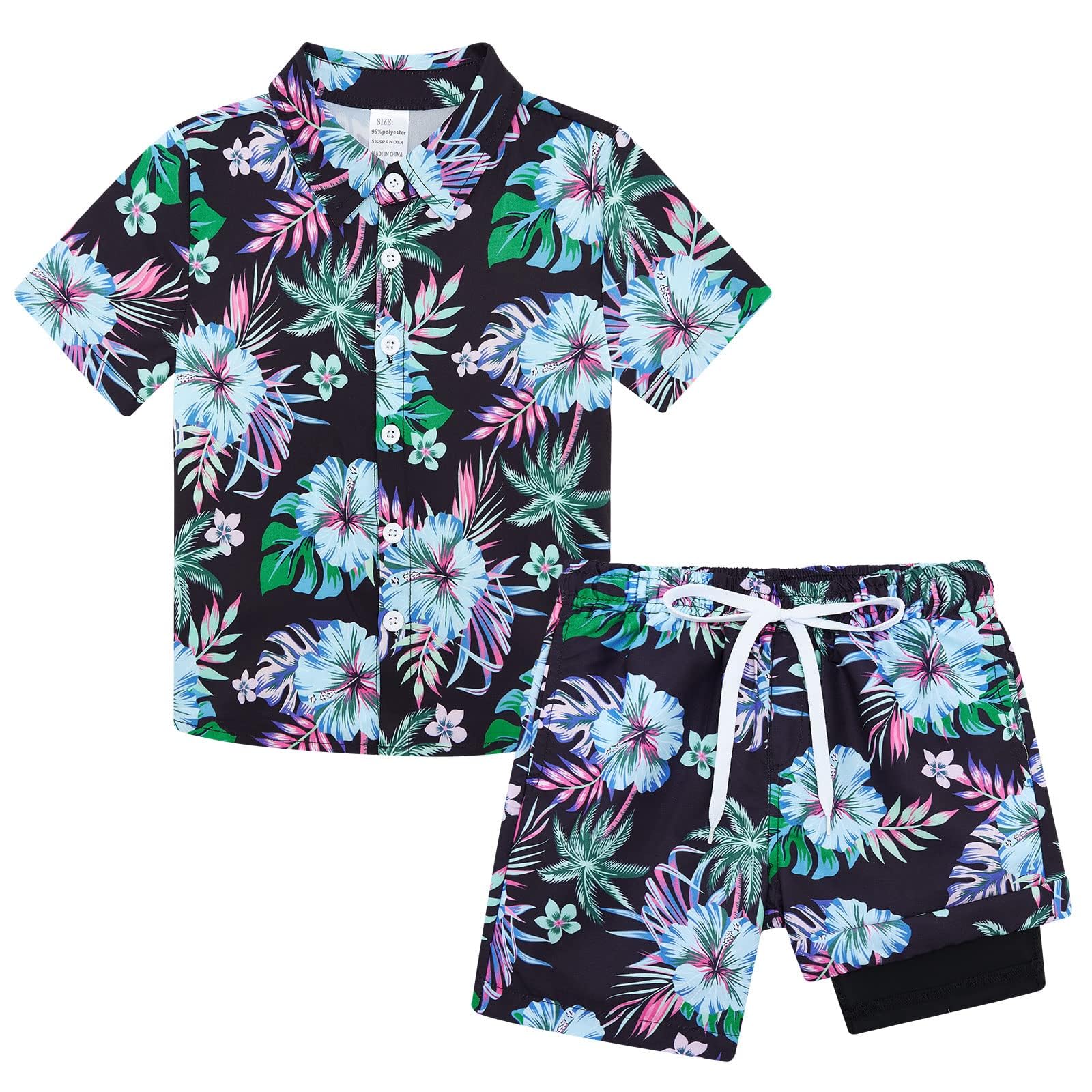 Boys midnight tropical Hawaiian shirt and matching swim shorts set with palm print design, lightweight summer outfit for beach vacations.