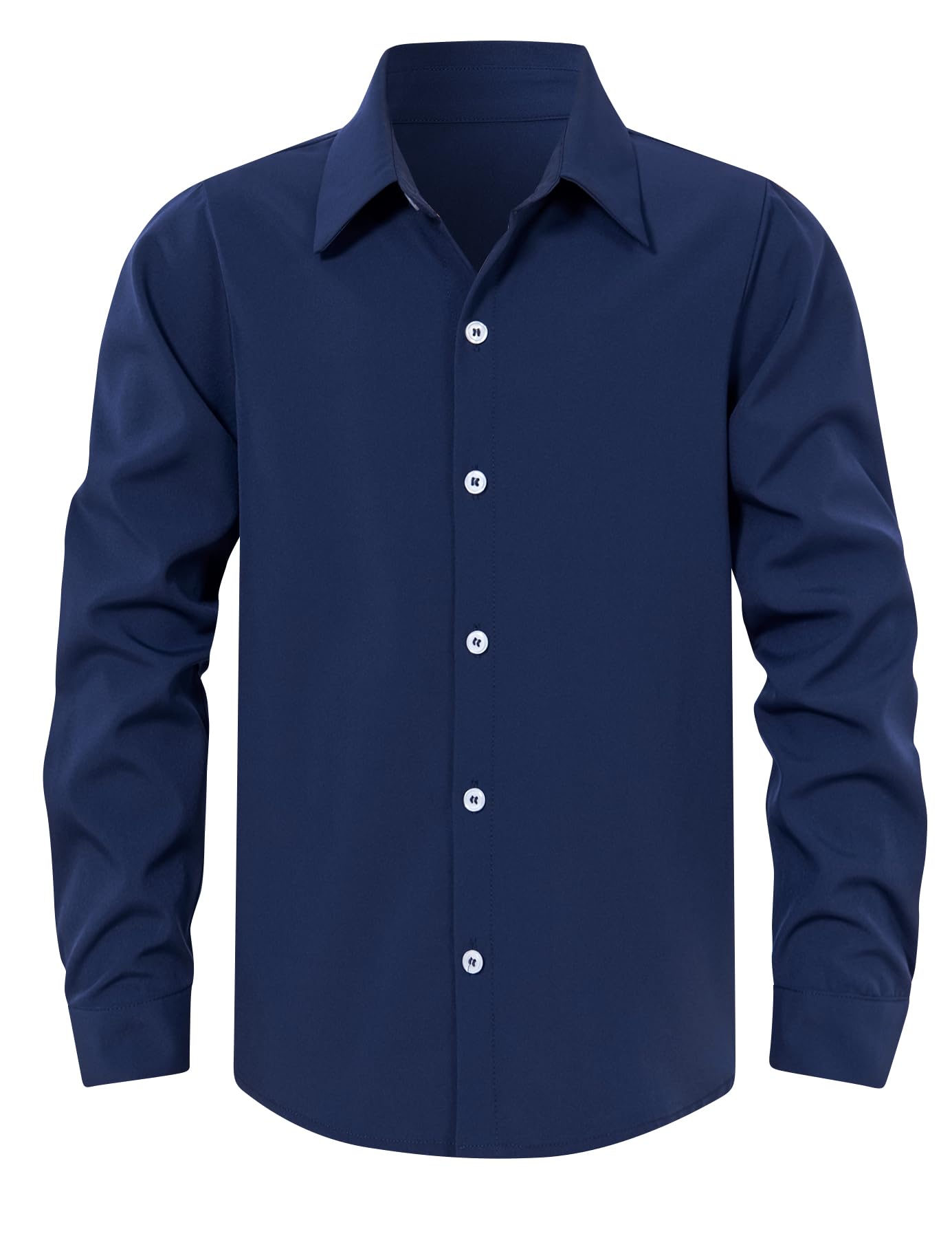 Boys navy blue long sleeve dress shirt with button front and polished style for school, weddings and family occasions.