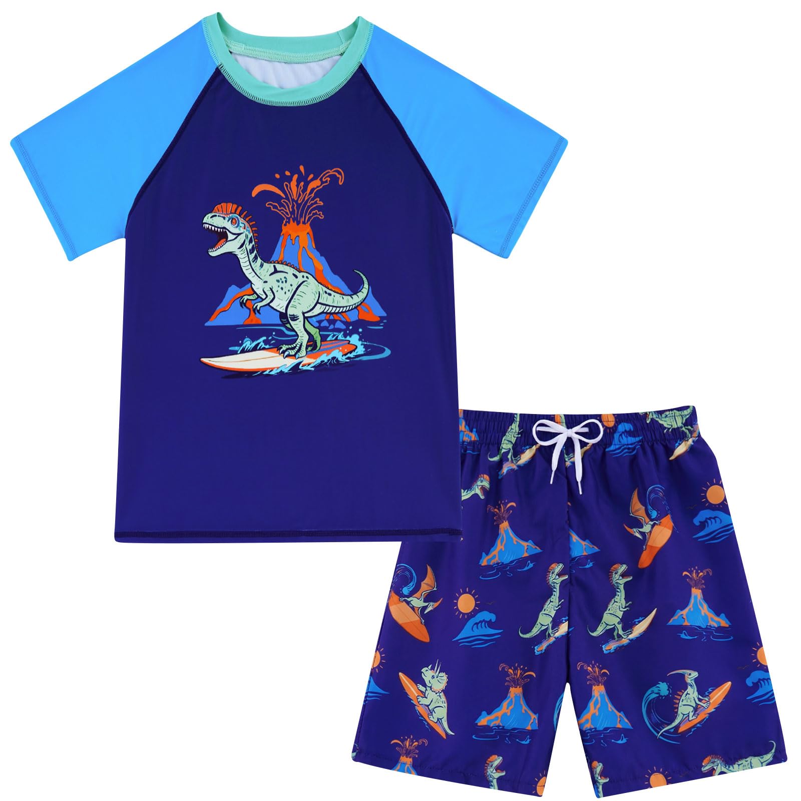 Boys navy dinosaur print swim set with short sleeve shirt and matching trunks, comfortable summer swimwear.
