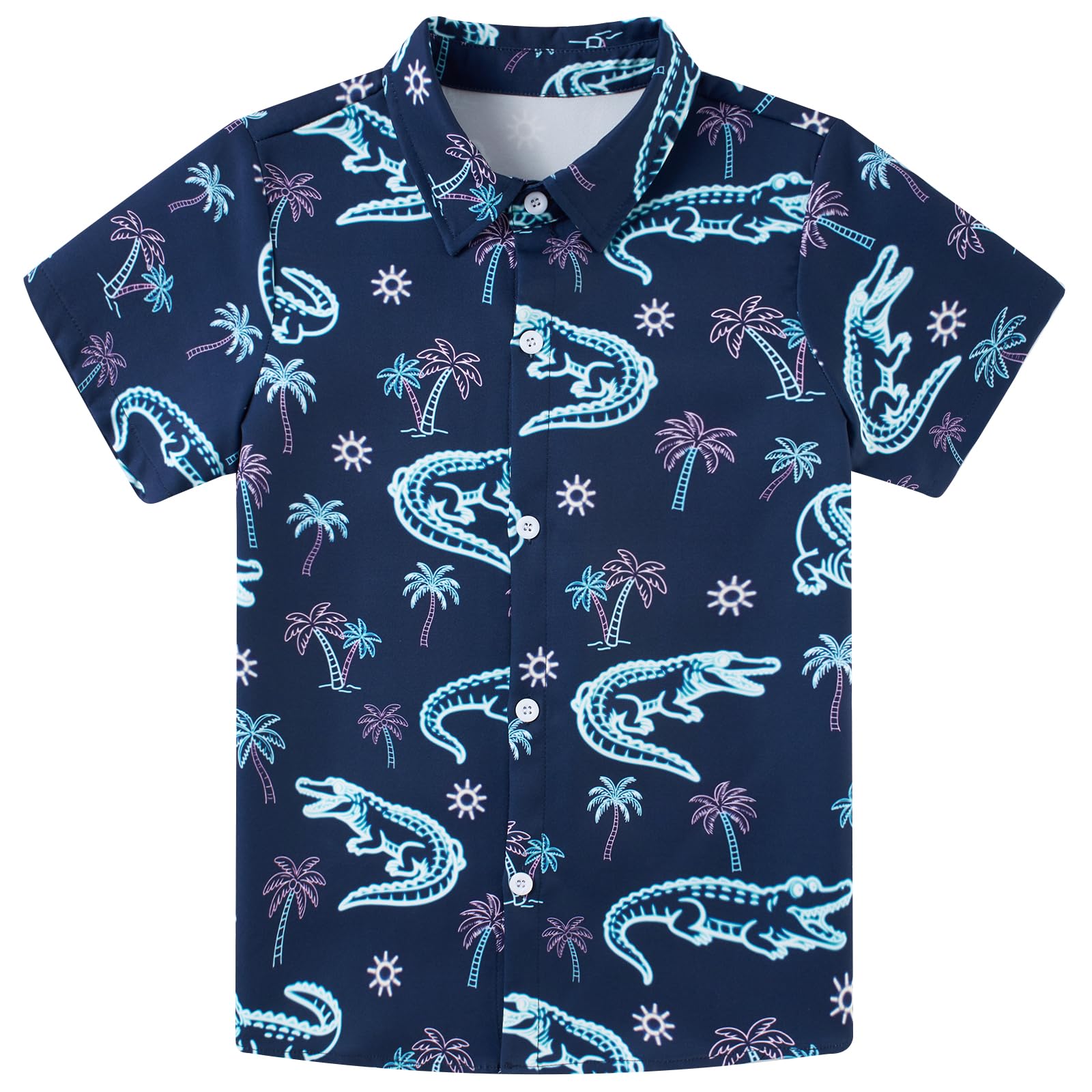 Boys navy short sleeve button-down shirt with blue turtle graphics, a fun animal print top for casual and vacation outfits.