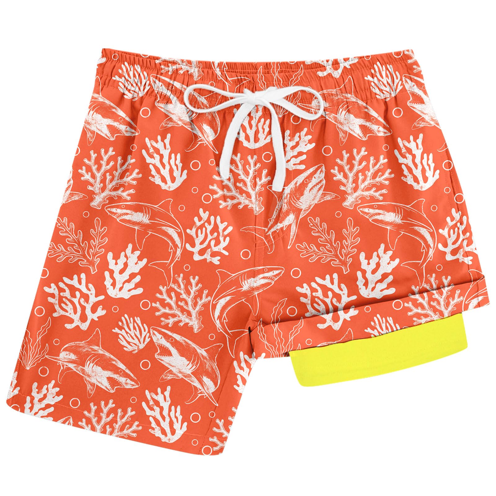 Boys orange coral printed swim shorts with lightweight quick dry fabric for swimming and summer activities.