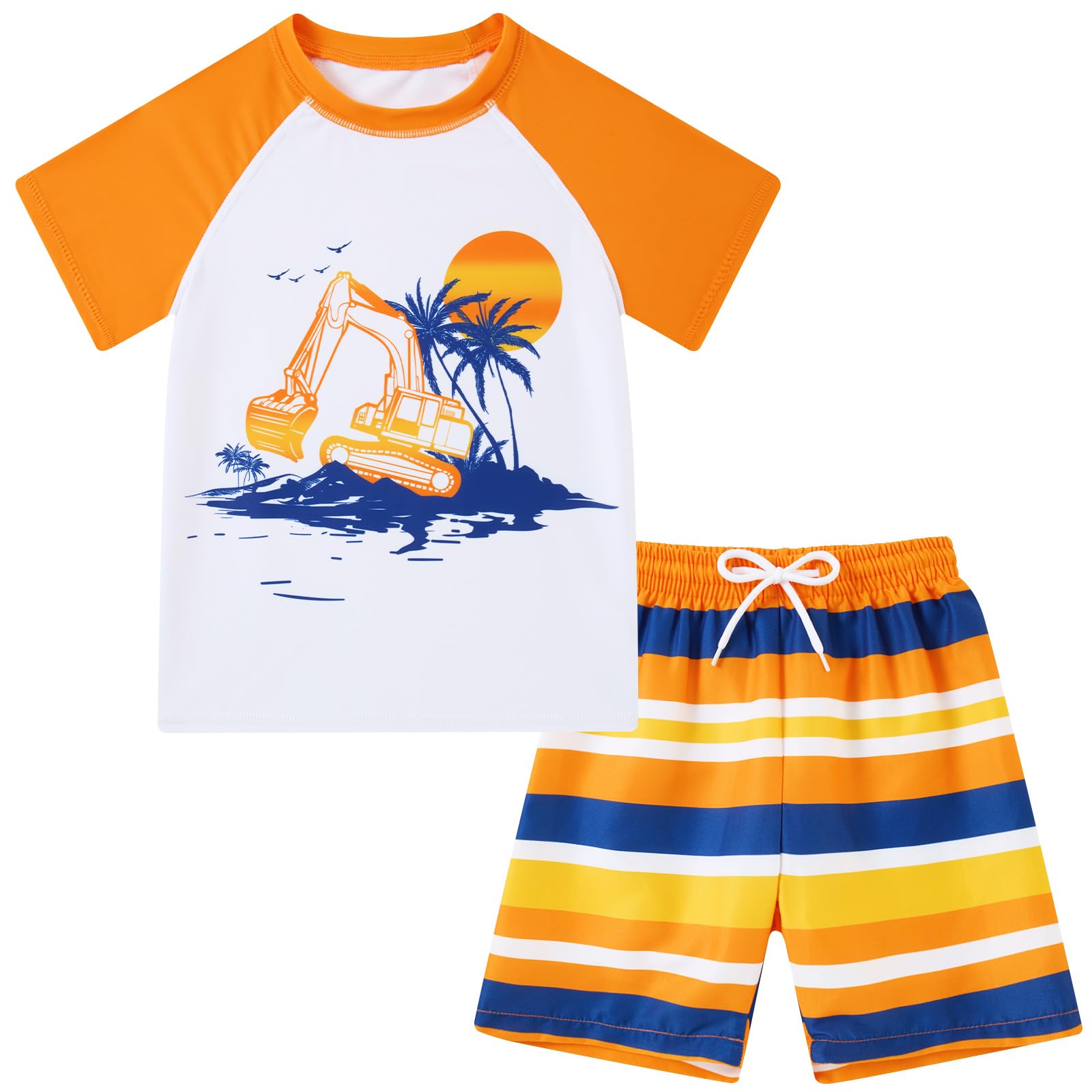 Boys orange Hawaiian print swimwear with matching shorts, tropical summer outfit for beach and pool activities.