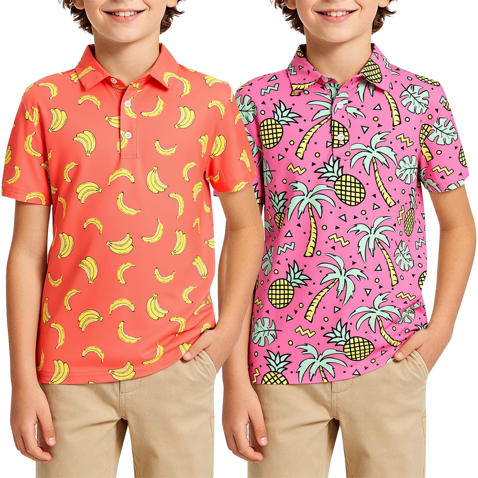 Boys orange pink fruit print polo shirt with colorful summer pattern, comfortable short sleeve top for casual outfits.