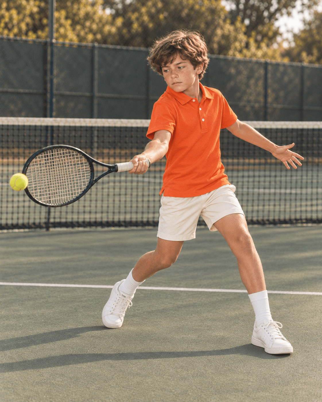 Boy wearing an orange short sleeve polo shirt while playing tennis, showing the flexible fit for sports, outdoor play and active days.