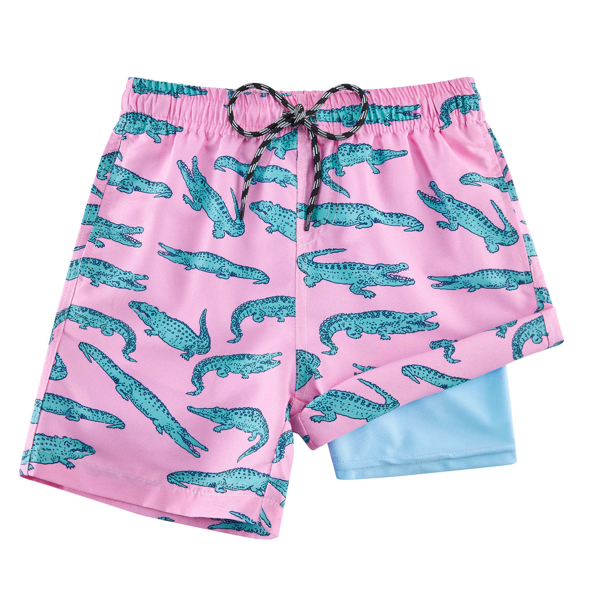 Boys pink crocodile print swim shorts with black drawstring waist and two-in-one design for swimming, beach trips and summer activities.